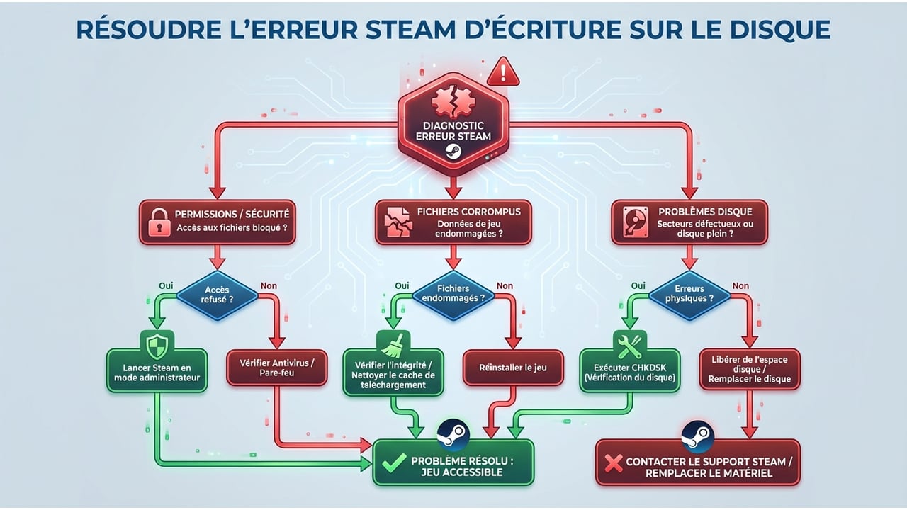 Diagramme de flux montrant le processus de diagnostic de l'erreur d'écriture Steam, depuis l'identification de la cause jusqu'aux solutions appropriées