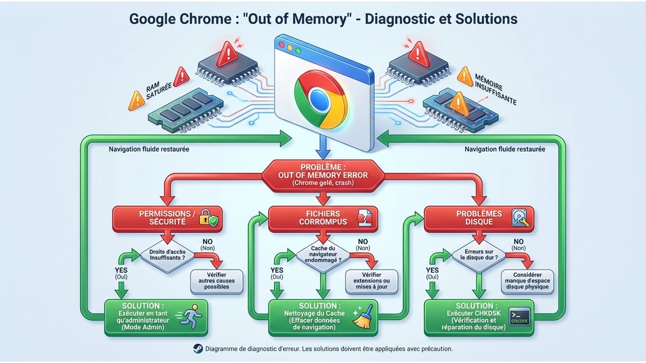 Diagramme de flux montrant le processus de diagnostic de l'erreur d'écriture Steam, depuis l'identification de la cause jusqu'aux solutions appropriées